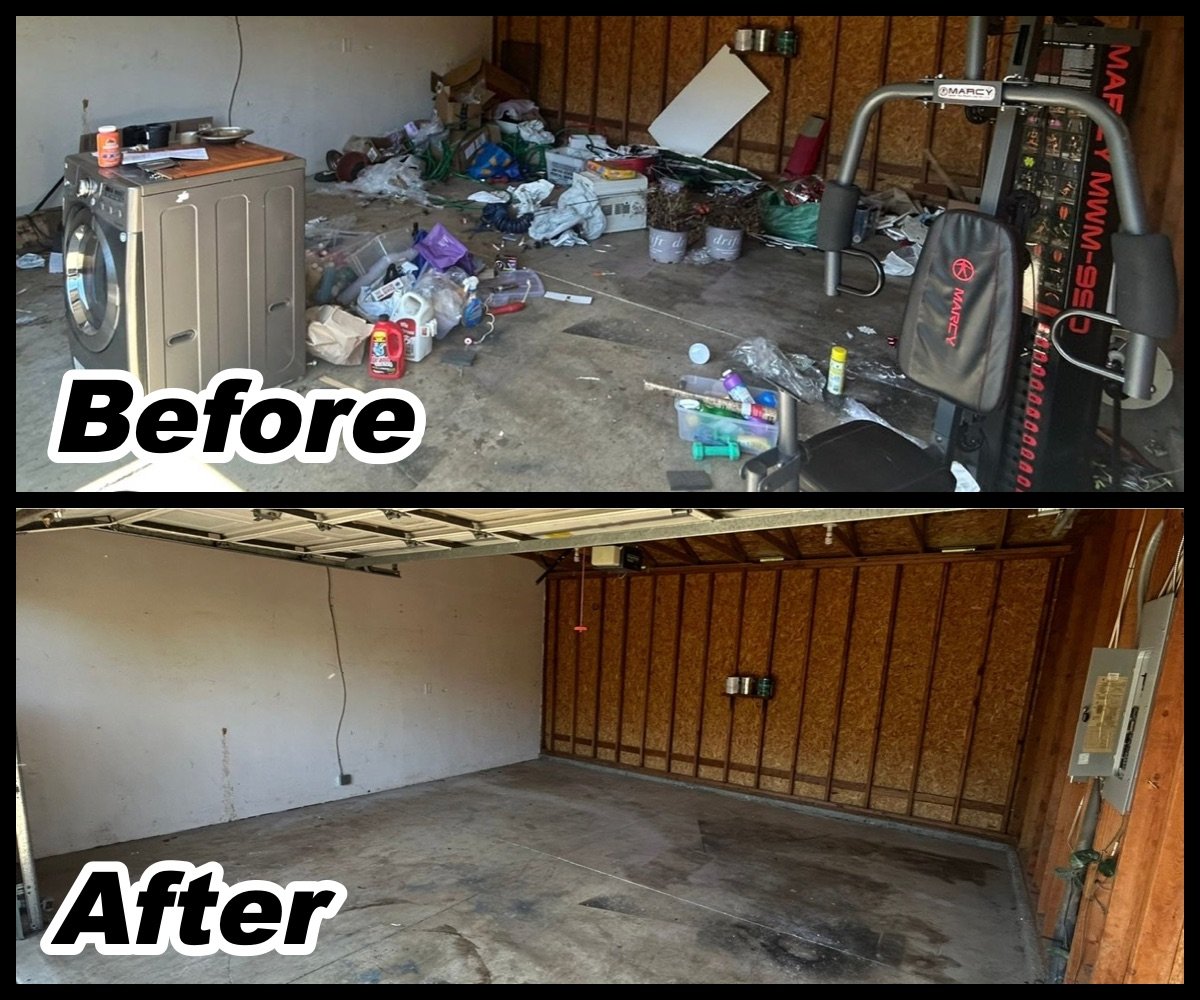 Junk removal before and after: garage full of junk and an old washer and gym, then an empty garage