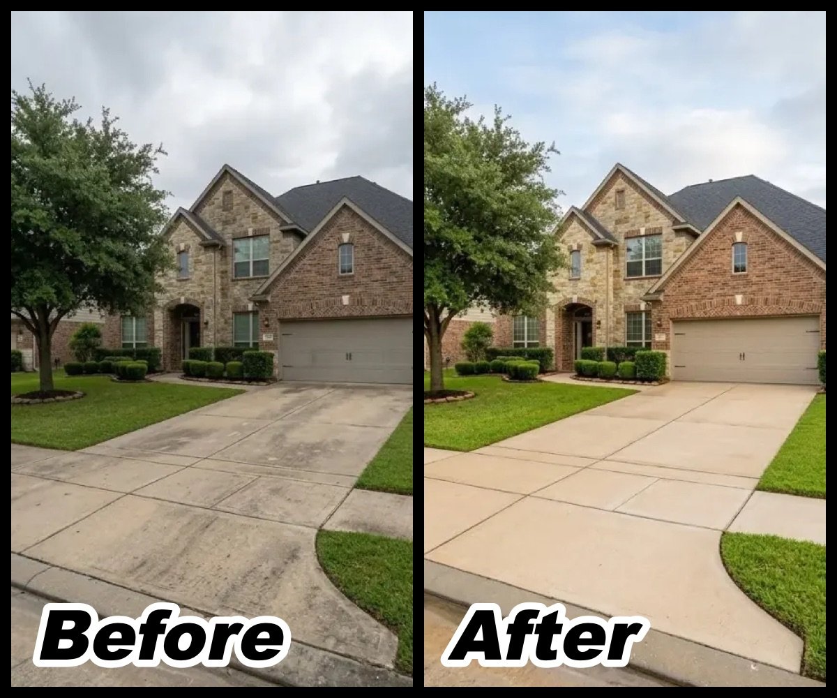 Pressure washing before and after: stained driveway and sidewalk, then clean bright concrete