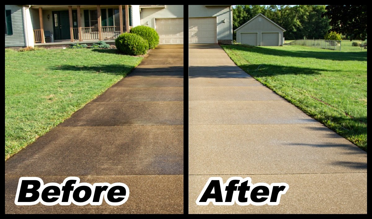 Pressure washing before and after: dark stained driveway, then clean bright concrete