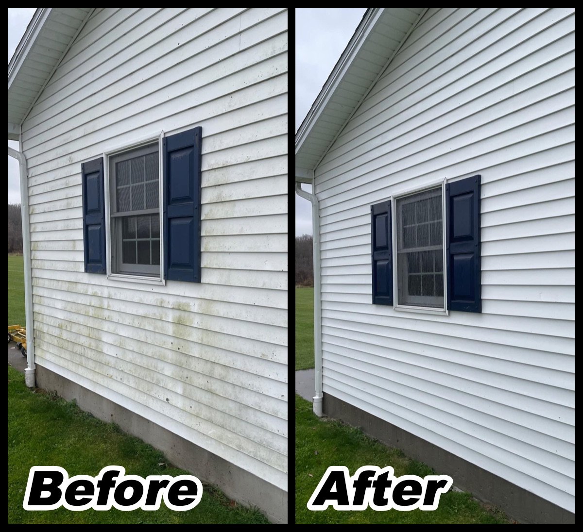 House washing before and after: green algae streaks on white siding, then clean siding