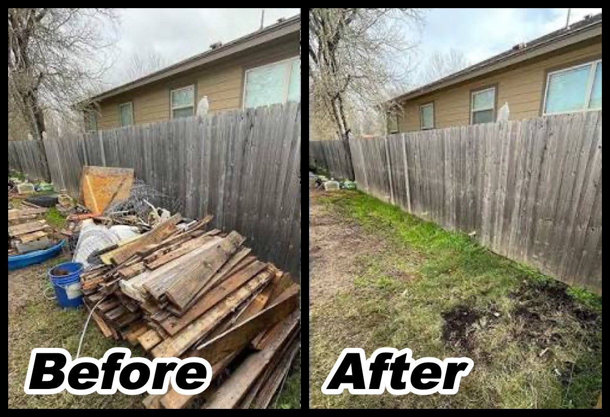 Yard debris removal before and after: pile of old lumber by a fence, then a clear backyard