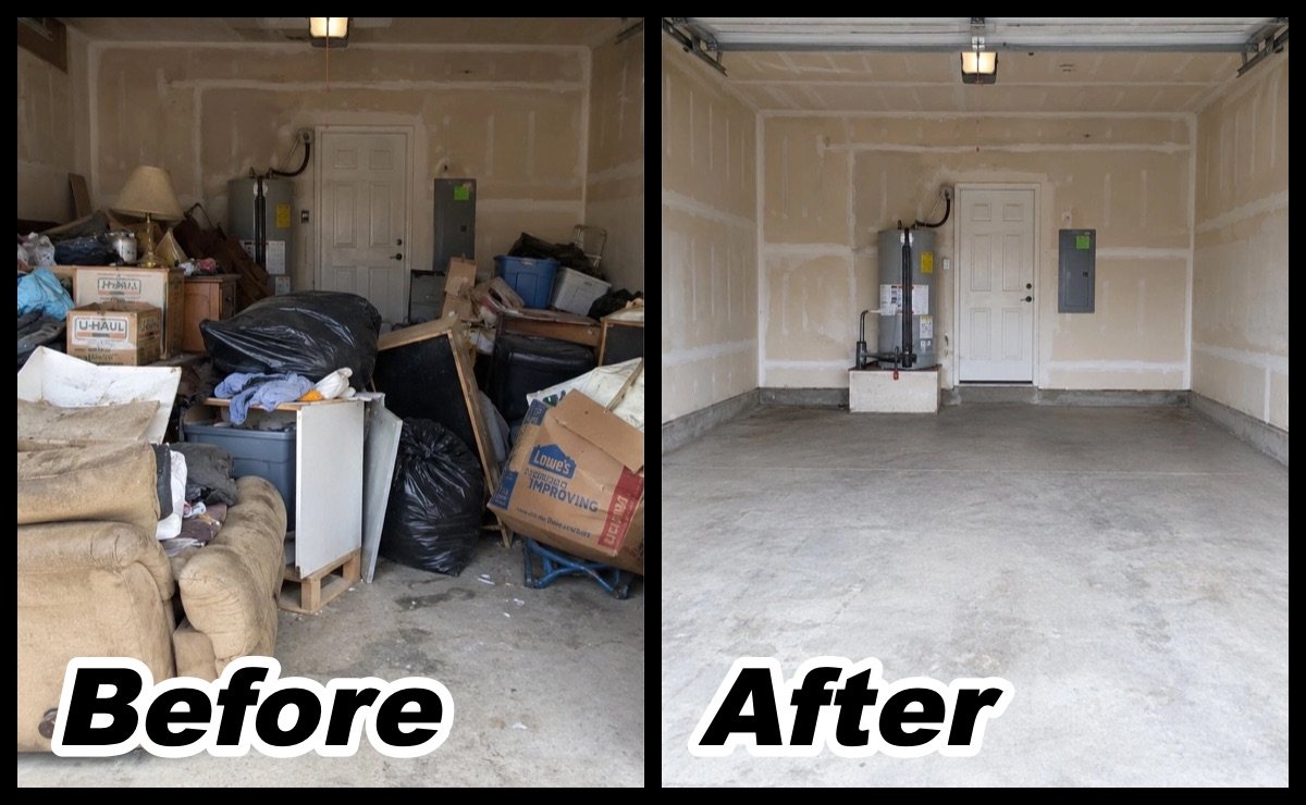 Garage cleanout before and after: garage packed with furniture, bags and boxes, then completely empty