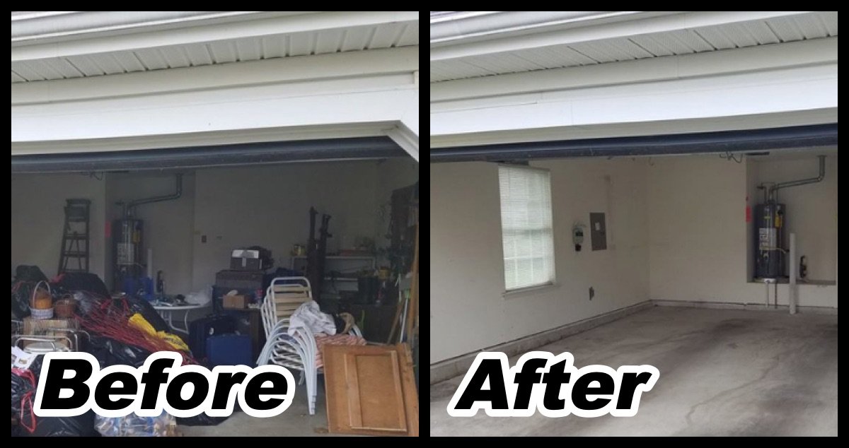 Garage cleanout before and after: garage full of bags, chairs and furniture, then empty and swept