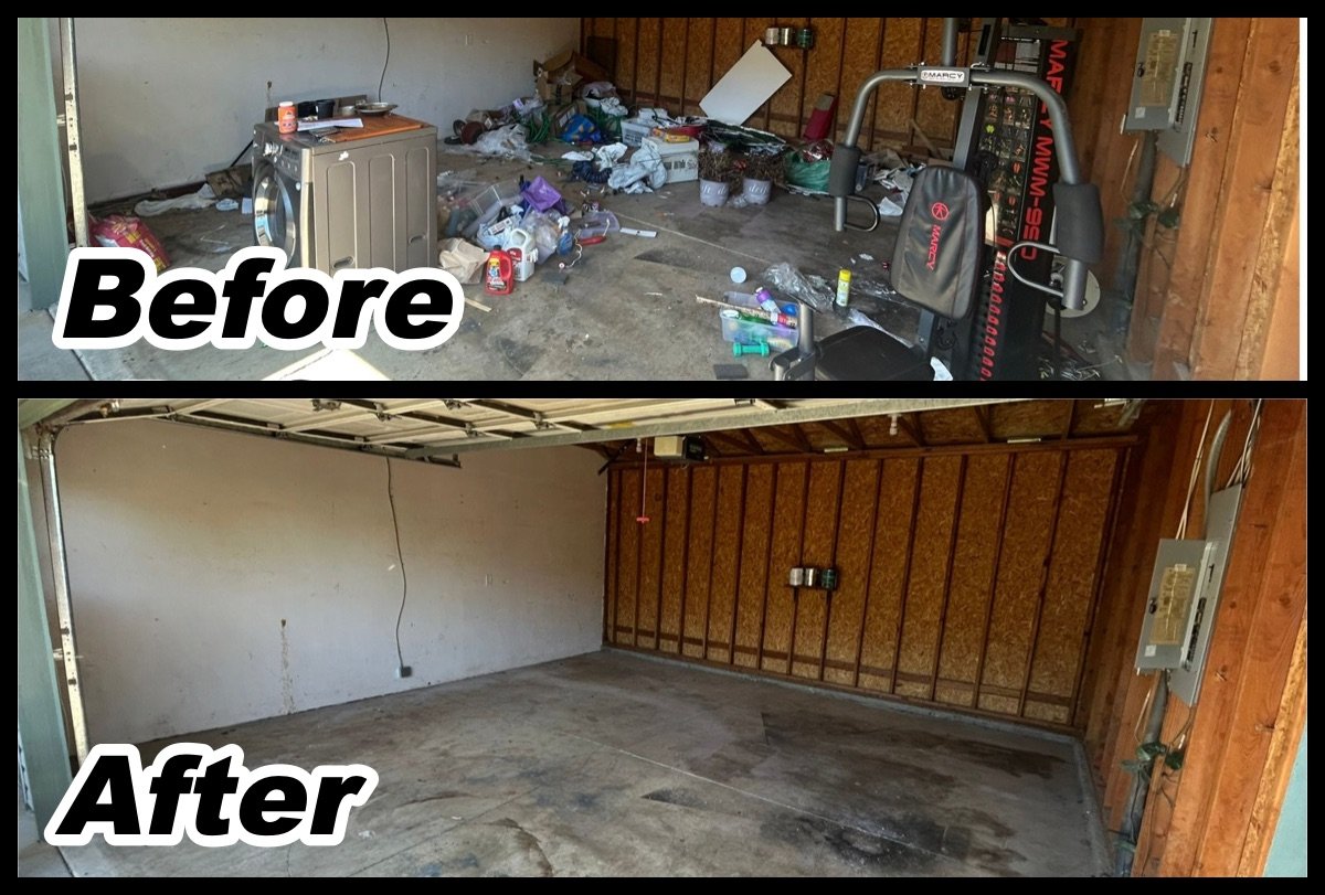 Junk removal before and after: cluttered garage, then an empty garage