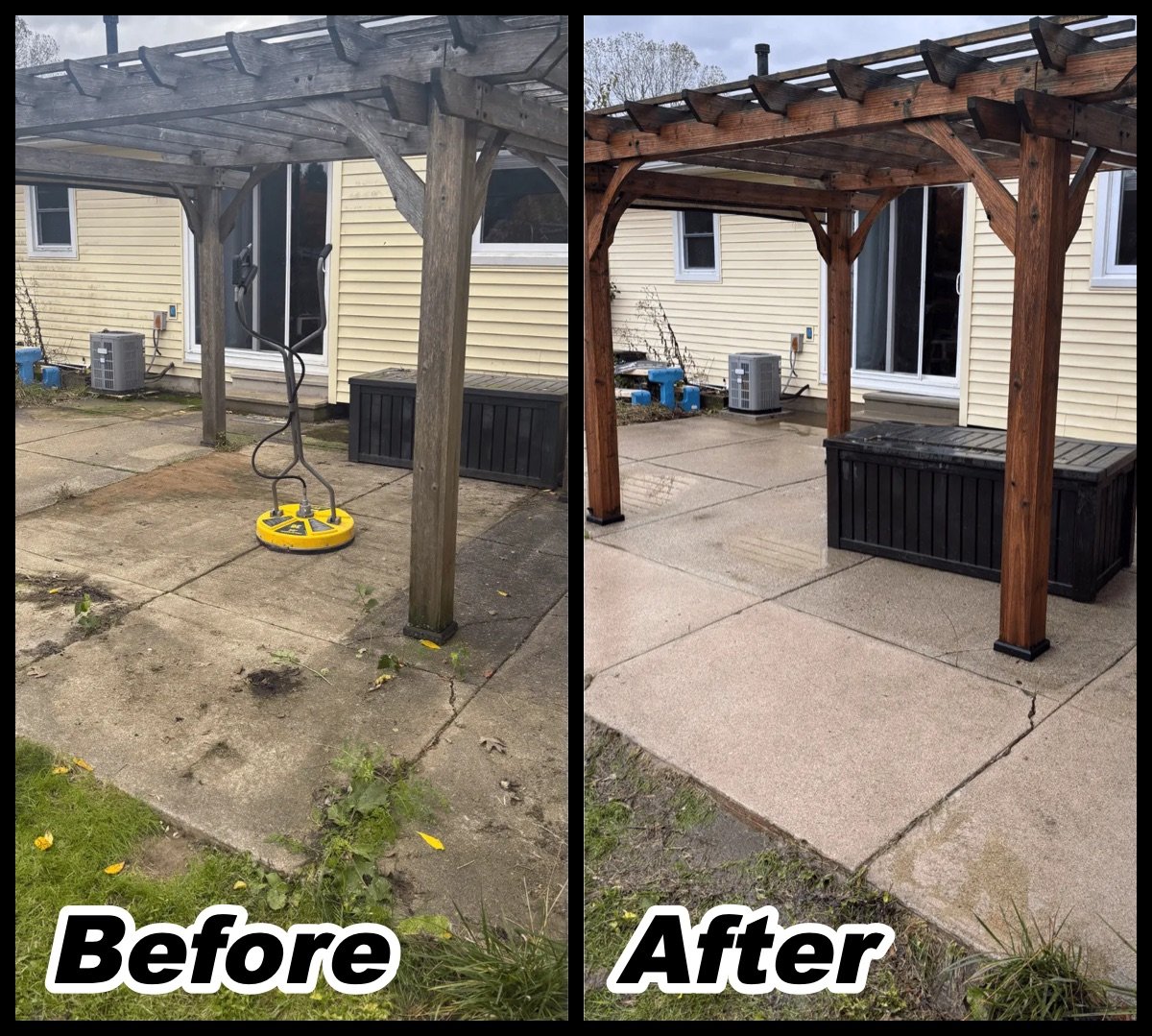 Pressure washing before and after: dirty patio and gray pergola, then clean concrete and a refreshed pergola