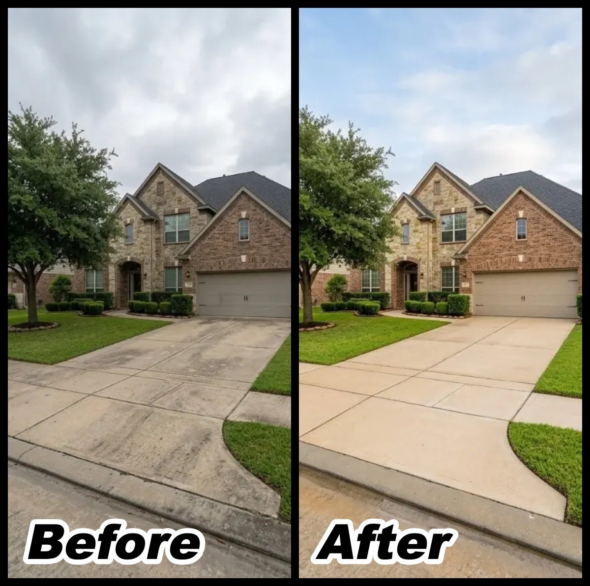 Driveway pressure washing before and after by Crown Service Co.