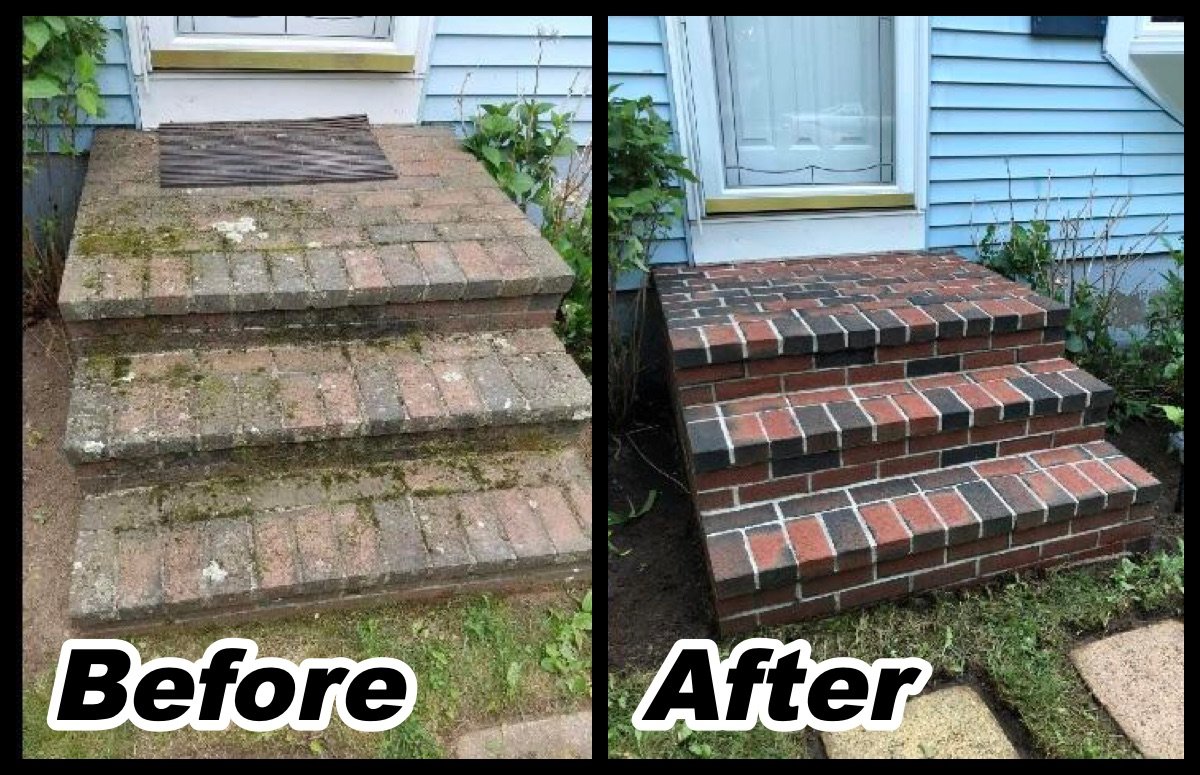 Pressure washing before and after: mossy brick steps, then clean red brick