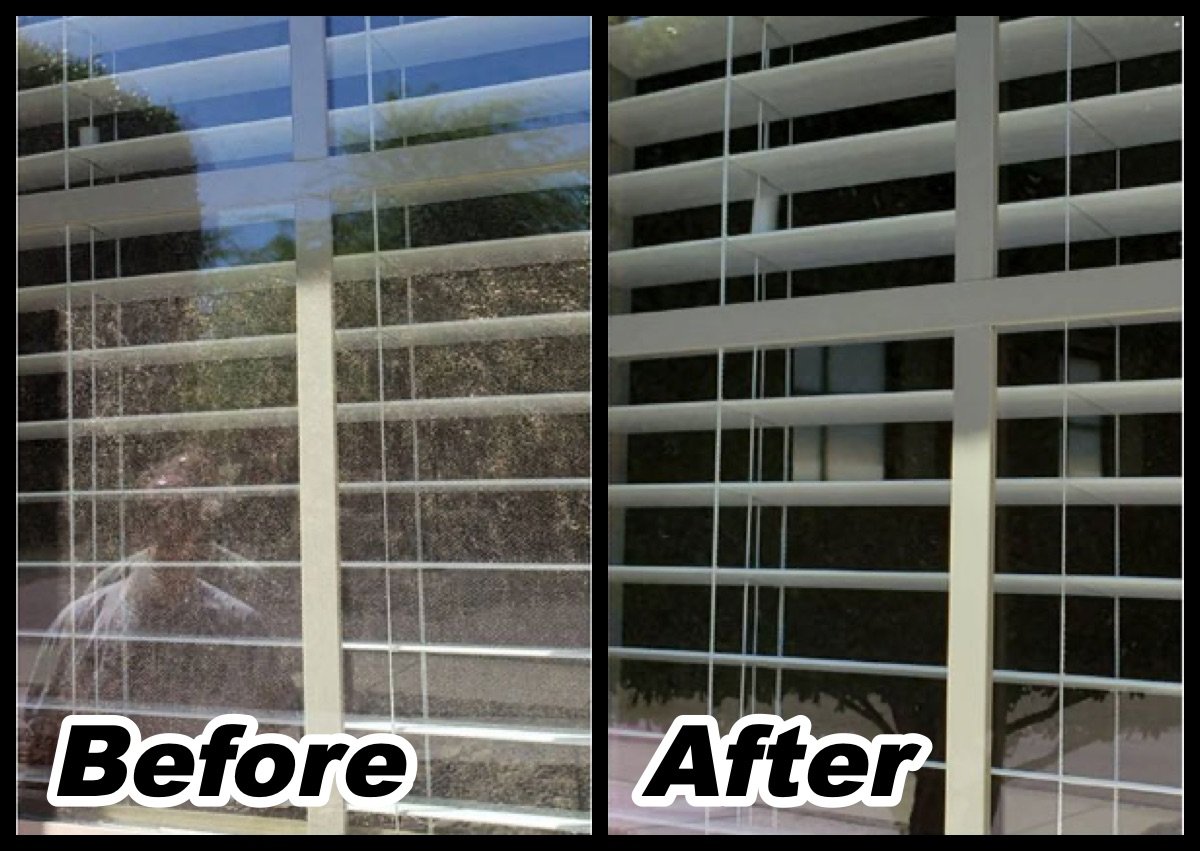 Window washing before and after: spotted glass in front of blinds, then spotless glass