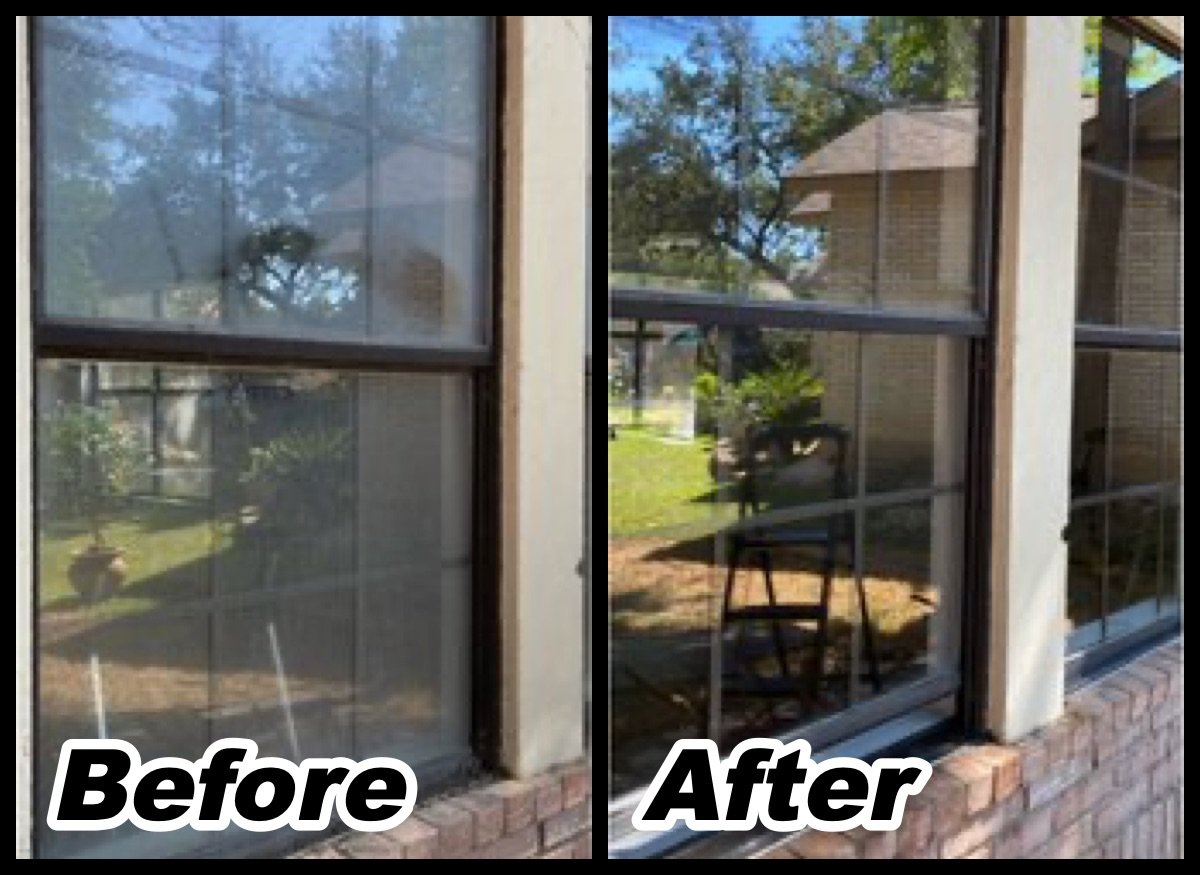 Window washing before and after: hazy glass, then clear glass showing the yard