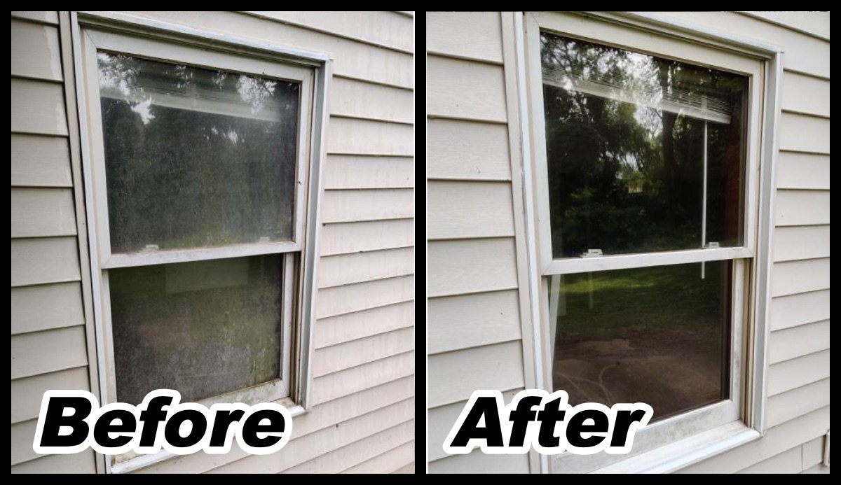 Window washing before and after: grimy window in siding, then clear glass