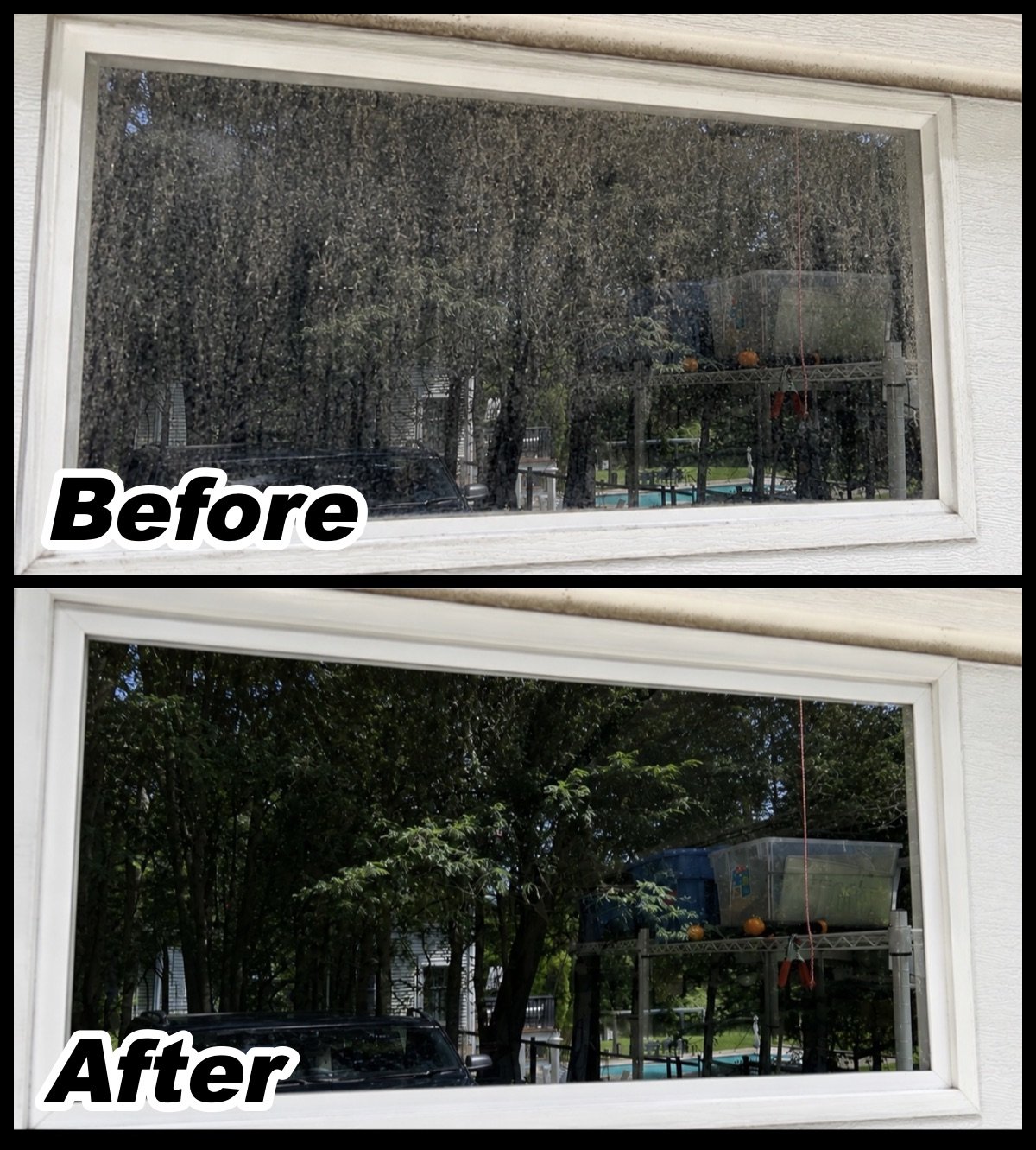 Window washing before and after: spotted glass on top, clear glass on the bottom